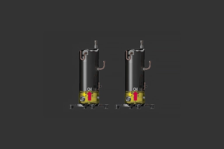 Two black LG variable frequency compressors side by side, with their tanks filled 1/5 of the way with yellow oil.